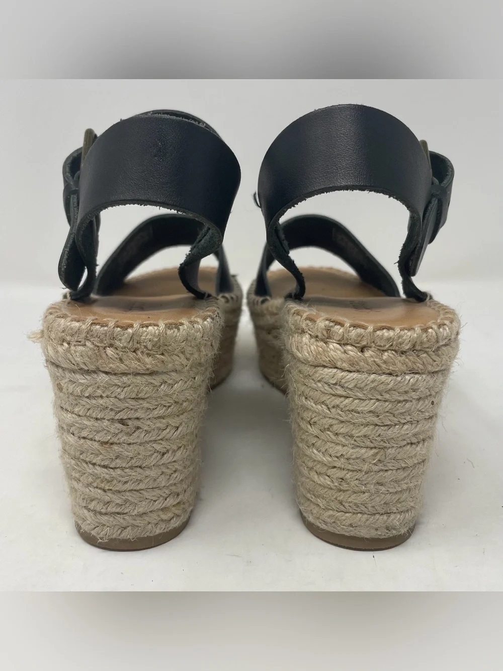 Soludos Women leather Black Espadrille Wedge Sandals with Ankle Buckle Size 7